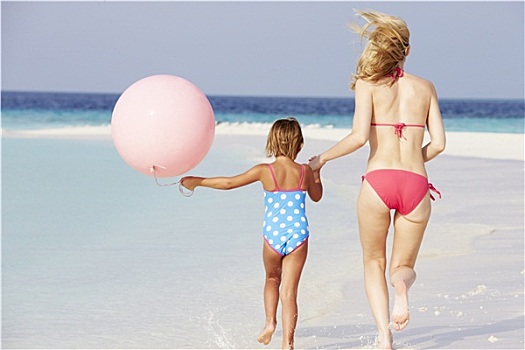 母女,跑,美女,海滩,气球
