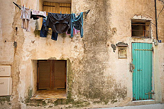 洗衣服,弄干,晾衣绳,户外,房子,博尼法乔,科西嘉岛