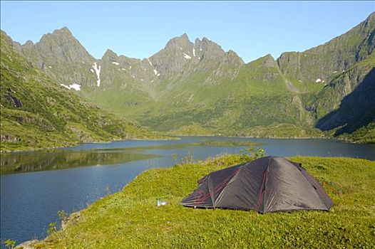 孤单,帐蓬,荒野,湖,山,罗弗敦群岛,挪威
