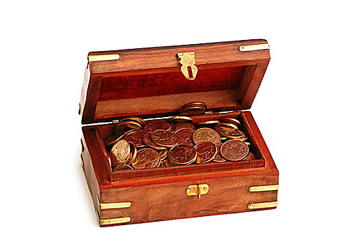 木质,箱子,满,金色,硬币,隔绝,白色背景