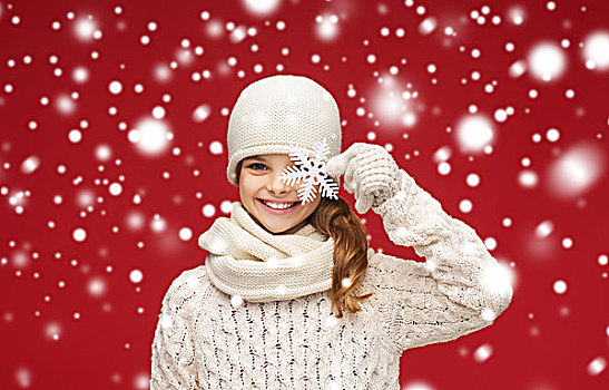 冬天,人,高兴,概念,微笑,女孩,帽子,围巾,手套,大,雪花