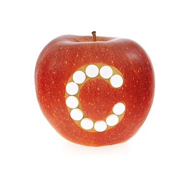 红苹果,维生素c,药丸,上方,白色背景,概念