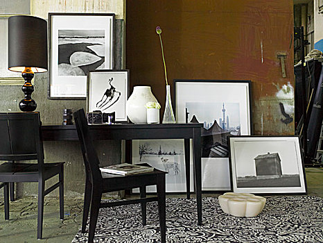 黑色,椅子,正面,墙壁,桌子,台灯,框架,照片