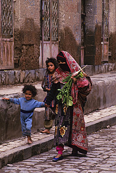 也门,老城,露天市场,市场,女人,孩子