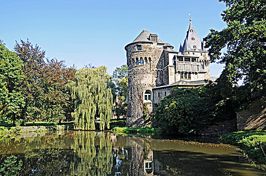 城堡,公园,护城河,反射,水,格雷芬布罗伊希,下莱茵,北莱茵威斯特伐利亚,德国,欧洲