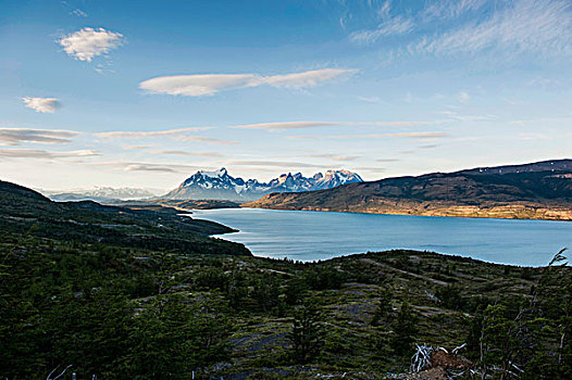 风景,湖,山,晚上,亮光,托雷德裴恩国家公园,巴塔哥尼亚,智利,南美