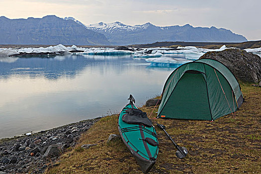 露营,帐蓬,折叠,皮筏艇,旁侧,结冰,湖,冰岛,欧洲