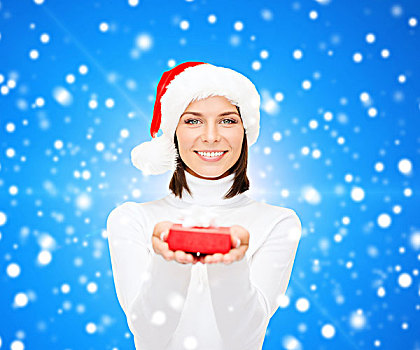 圣诞节,冬天,高兴,休假,人,概念,微笑,女人,圣诞老人,帽子,小,红色,礼盒,上方,蓝色,雪,背景