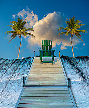 巴哈马,天堂岛,宽木躺椅,坐,码头,瀑布,数码合成