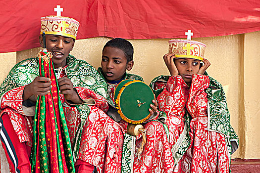 埃塞俄比亚,贡达,区域,孩子,男孩,穿,传统服装,基督教,节日