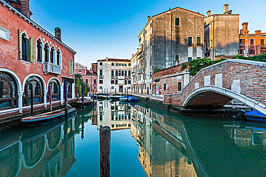 反射,古建筑,运河,日出,右边,威尼斯,意大利