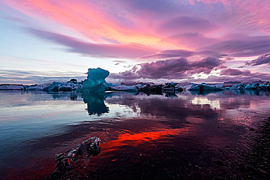 蓝色,冰山,日落,杰古沙龙湖,冰岛,欧洲