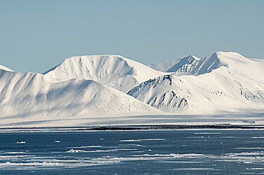 挪威,斯瓦尔巴群岛,斯匹次卑尔根岛,景色,积雪,山景