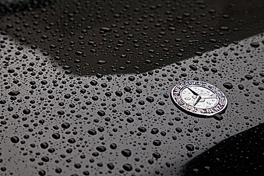 汽车,奔驰,车标,雨滴,湿润,下雨,洗车,高端,贵重,商标