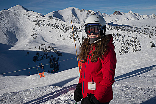 女孩,站立,滑雪胜地,加拿大,落基山脉,背景,班芙国家公园,艾伯塔省