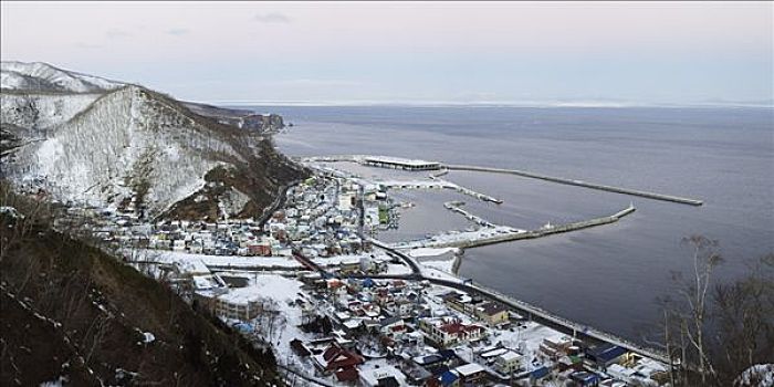 俯视,渔港,知床半岛,北海道,日本