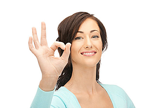 鲜明,可爱,少女,展示,ok,手势