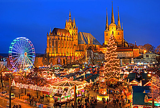 圣诞市场,黃昏,爱尔福特,图林根州,德国,欧洲