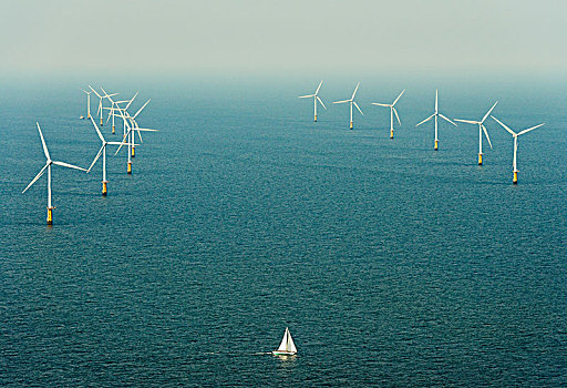 帆船,帆,挨着,风电场,艾默伊登,荷兰北部,荷兰