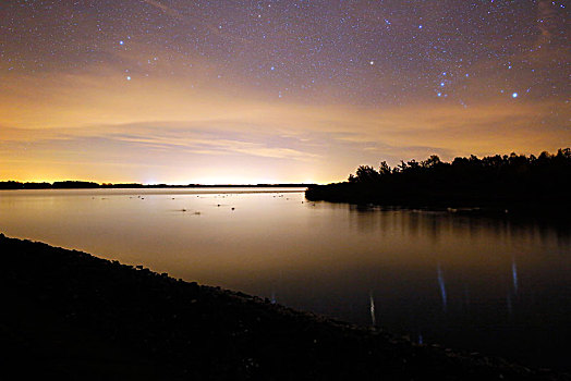 高,湖,夜晚,星座,上面,右边