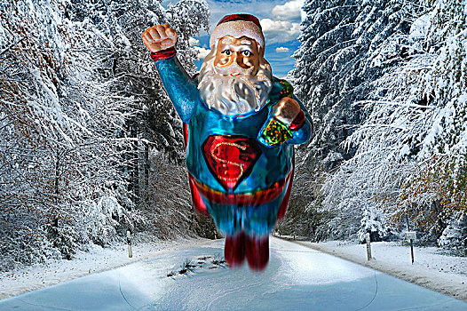 圣诞老人,超人,圣诞树,雪,树林