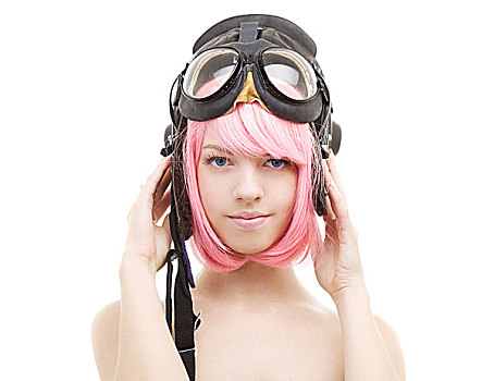 粉红头发,女孩,飞行员,头盔,上方,白色