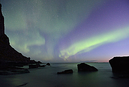北极光,海滩,罗弗敦群岛,挪威,欧洲