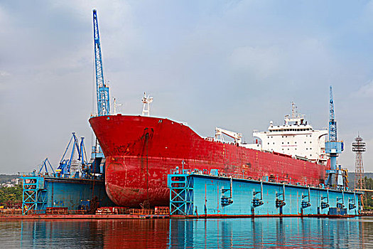 大,红色,油轮,修理,蓝色,浮码头,瓦尔纳
