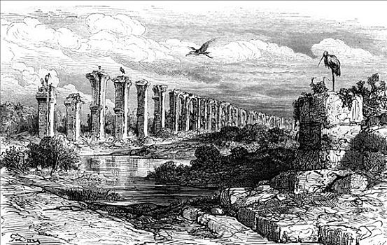 罗马水道,梅里达,西班牙,19世纪,艺术家