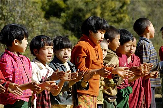 孩子,学生,排列,唱,掸邦,缅甸