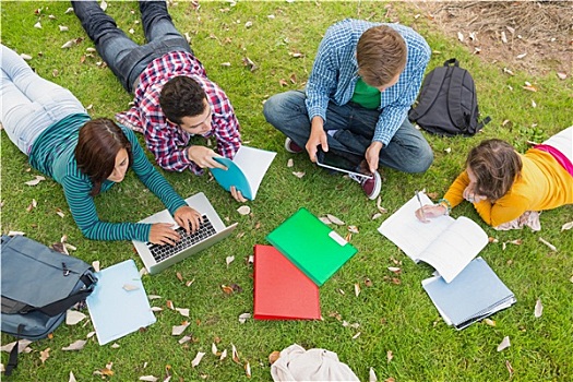 大学生,使用笔记本,家庭作业,公园