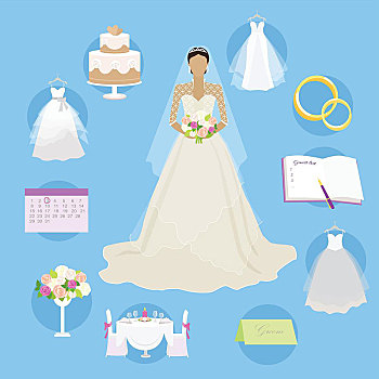 婚礼,圆,扣,婚姻,概念,时尚,新娘,奢华,连衣裙,计划,准备,装潢,旗帜,女性,脸,白色长裙,标识