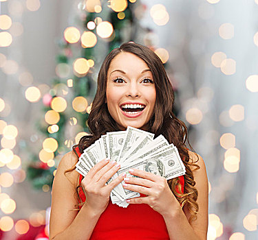 圣诞节,销售,银行,胜利,休假,概念,微笑,女人,红裙,美元,钱,上方,客厅,圣诞树,背景