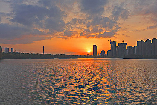 城市,朝霞,湖泊