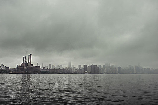 雾状,风景,水岸,发电站,烟囱,堆积,纽约,美国