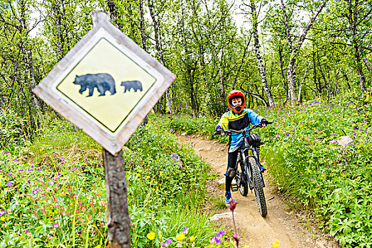 男孩,骑自行车,熊,标识,前景