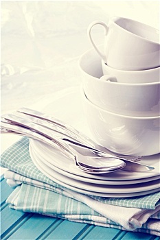 白色,盘子,杯子,蓝色背景,餐巾