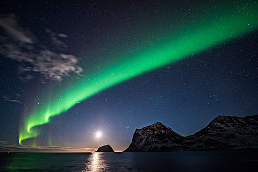 北极光,月光,海滩,罗弗敦群岛,挪威,欧洲