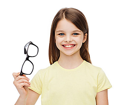 教育,学校,视野,概念,微笑,可爱,小女孩,拿着,黑色,眼镜