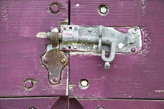 特写,滑动,闩锁,锁,紫色,大门