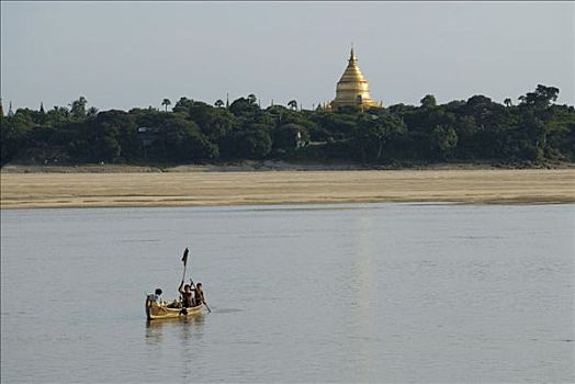 划艇,河,正面,瑞喜宫塔,蒲甘,缅甸,东南亚