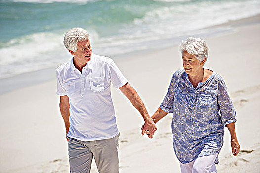 老年,夫妻,走,海滩