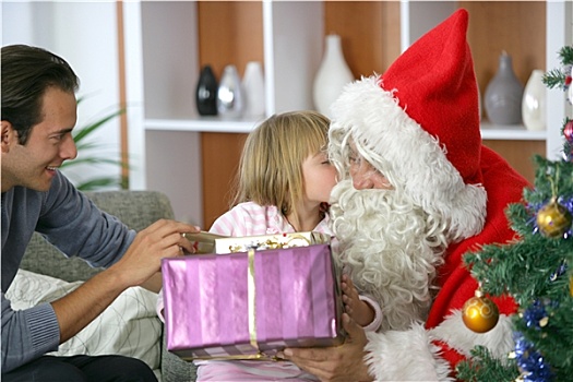 女孩,吻,脸颊,圣诞老人,礼物