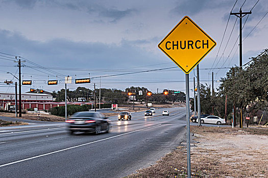 签名,手势,黄道宫形,标识,旁边,公路,说话,教堂,德克萨斯,美国