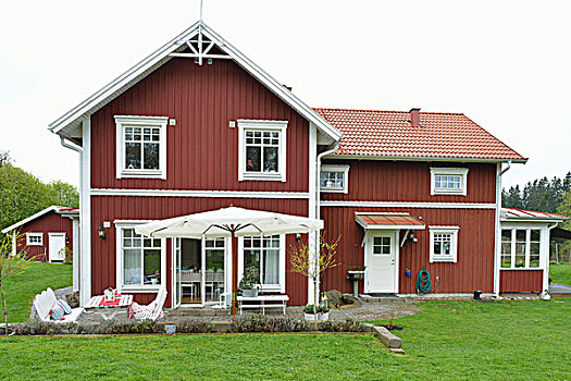 红色,白色,瑞典,木屋,梯田,茂密,绿色,风景