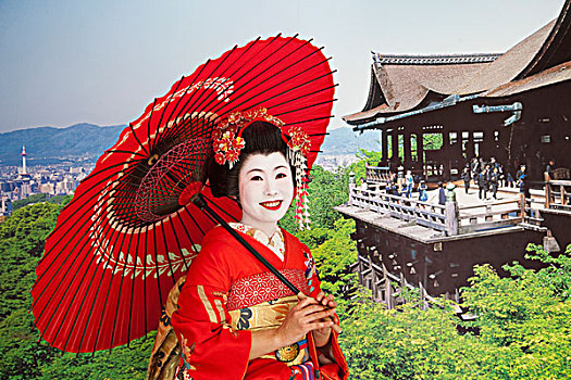 女青年,拿着,伞,庙宇,背景,清水寺,京都,京都府,近畿地区,本州,日本