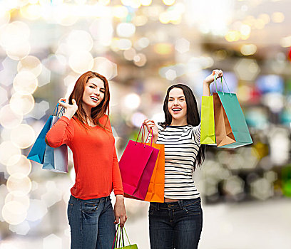 购物,销售,商场,礼物,概念,两个,微笑,少女,购物袋,购物中心