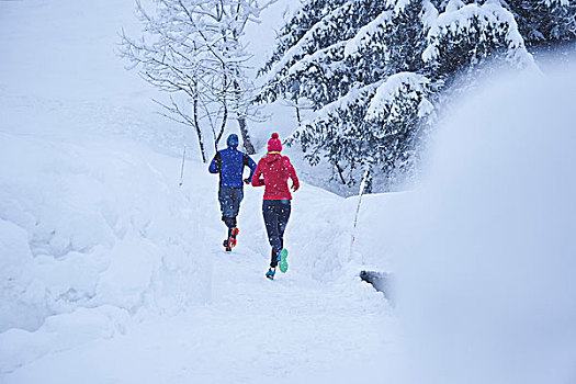 后视图,男性,女性,跑步,跑,大雪,瑞士