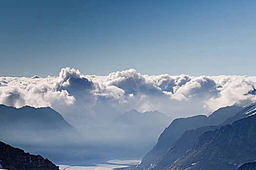风景,山,低云,上方,山谷,格林德威尔,瑞士