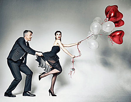 男人,拉拽,连衣裙,女人,心形,气球